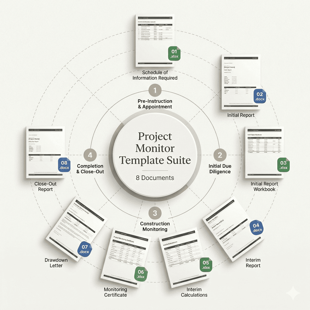 Project Monitoring Template Suite — 3D exploded view of all 8 documents